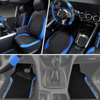 Air Mesh Leather Car Seat Covers Full Set, Waterproof Car Floor Mats, Sporty Steering Wheel Cover 14.5-15in, Universal Fits for 95% Cars Truck SUV (Black and Blue)