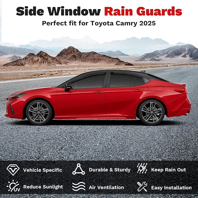 Window Visors Rain Guards for 2025 2026 Toyota Camry Accessories, Outside-Mount Tape-On Side Window Wind Deflectors Vent Visors Shades Rainproof Black 4PCS