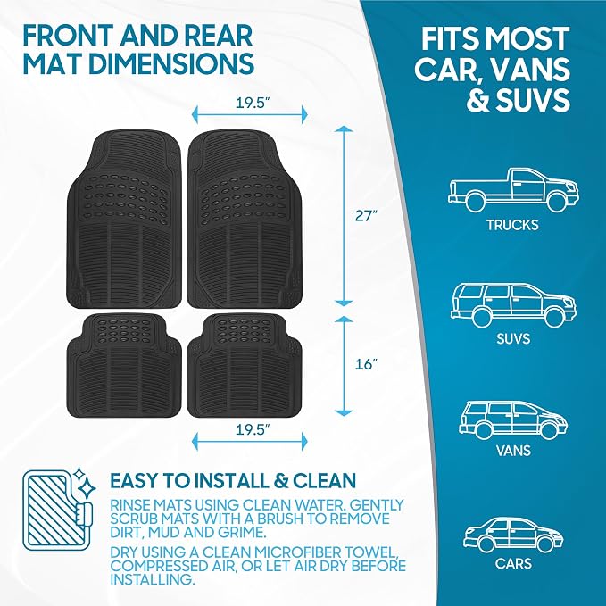 Floor Mats, 4-Piece All-Weather Car Mat with Universal Fit Design, Durable Rubber Car Floor Mats with Capture Ridges, Waterproof for Cars Trucks SUV (Black)