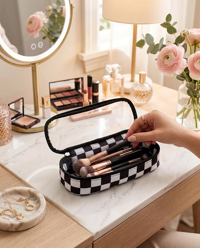 Preppy Checkered Clear Travel Makeup Brush Holder,Black and Beige Checkered Makeup Brush Toiletry Bag, Portable Cosmetic Brush Case,Transparent Waterproof Makeup Brush Storage Bag