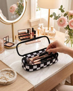 Preppy Checkered Clear Travel Makeup Brush Holder,Black and Beige Checkered Makeup Brush Toiletry Bag, Portable Cosmetic Brush Case,Transparent Waterproof Makeup Brush Storage Bag