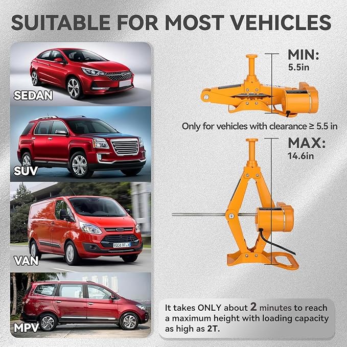 Electric Scissor Car Jack Kit 2 Ton 12V Portable Auto Car Lift with 14.6 Inch Range for SUV Sedan Floor Jack for Tire Change Roadside Emergency