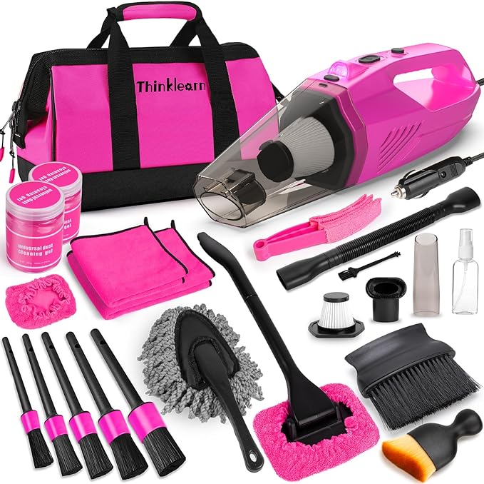 Car Cleaning Kit, Car Corded Vacuum Detailing Kit Interior with High Power Handheld Vacuum, Including 7Pcs Detailing Brush Set, Windshield Cleaner, Pink Car Accessories for Women
