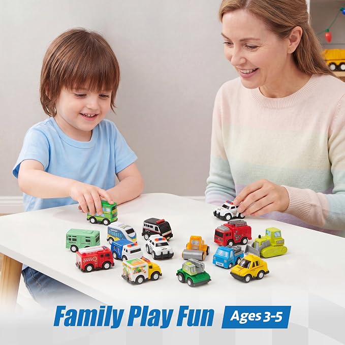 18 Pcs Pull Back City Cars and Trucks Toy Vehicles Set, Friction Powered Mini Cars Toys for Toddlers, Party Favors for Kids 3-5, Birthday Gifts for Boys and Girls, Goodie Bag Stuffers