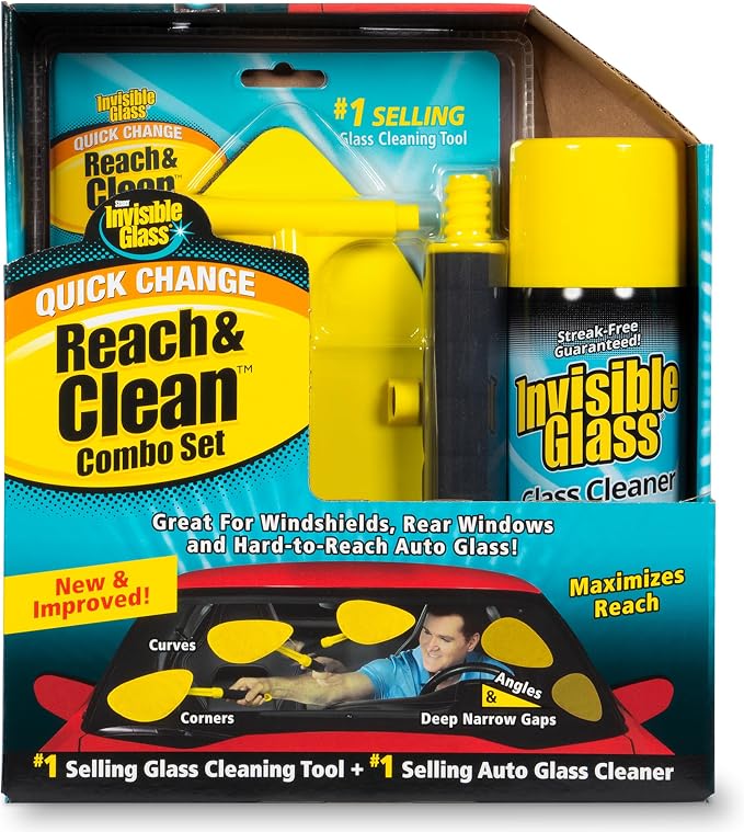 99031 Reach & Clean Glass Windshield Cleaner Tool Combo Kit With Premium Aerosol Glass Cleaner, Extendable Handle, (2) Reusable Quick Change Microfibers, and Storage Bag