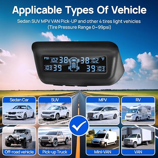 Tire Pressure Monitoring System, RV/Trailer TPMS with Solar Charging & Auto Calibration, M13 LCD Display tpms 4 sensors (0-99PSI)
