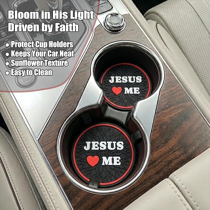 Christian I Love Jesus Car Steering Wheel Cover for Men & Women with 2 Pack Car Coasters, PU Leather Elastic Steering Wheel Protector, Faith Gifts, Universal 15" Fit for Cars, SUVs, Trucks