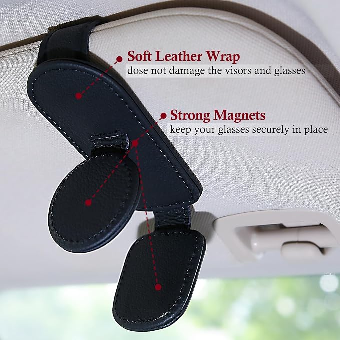 KIWEN 2 Pack Sunglasses Holder for Car Visor, Magnetic Leather Sunglass Eyeglass Hanger Clip for Car Sun Visor Accessories (2, Black)