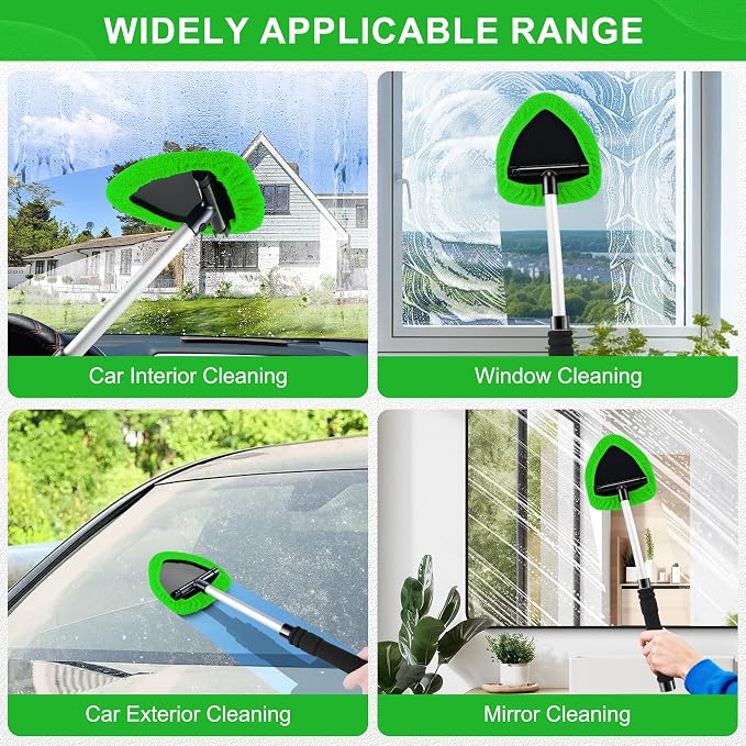 Windshield Cleaner Tool, Car Interior&Exterior Window Cleaning Tool with Extendable Handle & 4 Reusable Microfiber Pads, Auto Glass Wiper Brush Kit for Cars (Green)