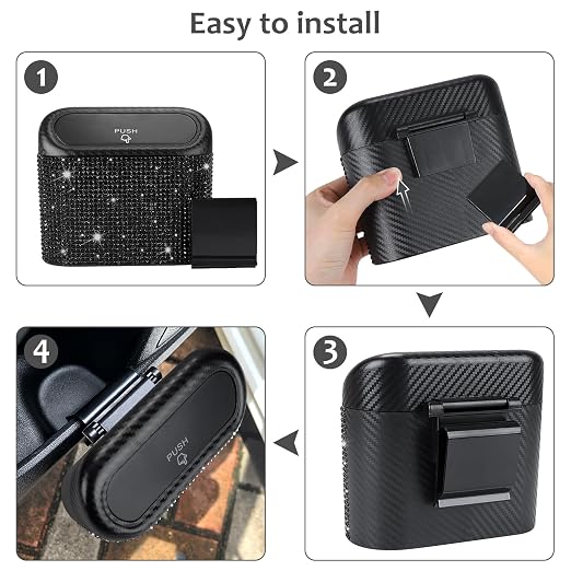 Bling Car Trash Can with Lid, Mini Vehicle Trash Bin, Car Dustbin Garbage Organizer with 60 Trash Bag, Leakproof Auto Storage Bag Container for Car, Home, Office (Carbon Fiber&Black Rhinestone)