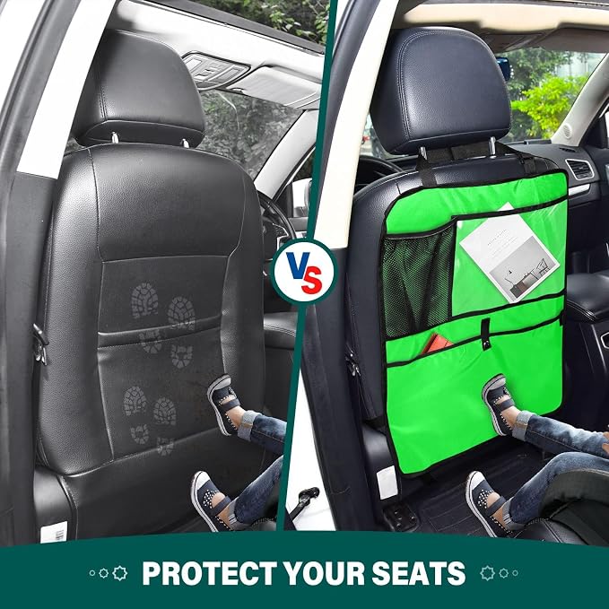 Neon Green Car Seat Organizer for Kids Backseat Kick Mat with Adjustable Strap Seat Back Covers for SUV Vehicle Cars 2 Pcs