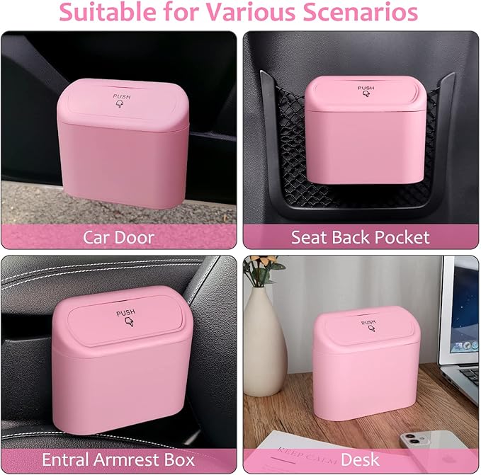 Car Trash Can with Lid, 2 Pack Pink Mini Vehicle Trash Bin Dustbin Garbage Organizer Holder with Trash Bag, Small Hanging Leakproof Auto Storage Bag Container for Car SUV Home Office