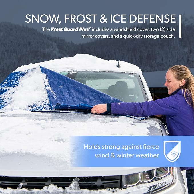 Plus | Winter Windshield Cover for Ice and Snow, Standard Size (Indigo) - Built-in Security Panels, Wiper Blade Coverage + Mirror Covers - Fits Standard Size Cars, 59 x 41 Inches
