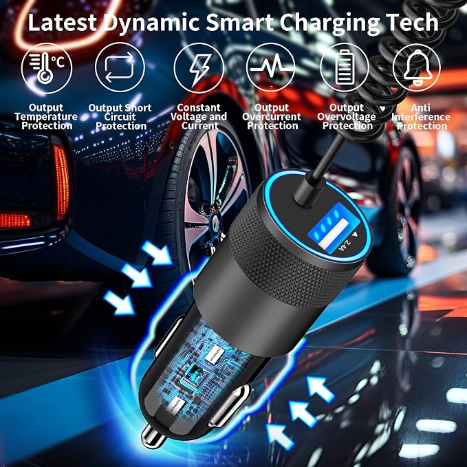 【Apple MFi Certified】iPhone 17 Car Charger Fast Charging, Caiinei 4.8A USB Power Cigarette Lighter USB C Car Charger + 6FT Type C Coiled Cord for iPhone 17/17 Air/17 Pro Max/16/15/Galaxy S25/S24/Pixel
