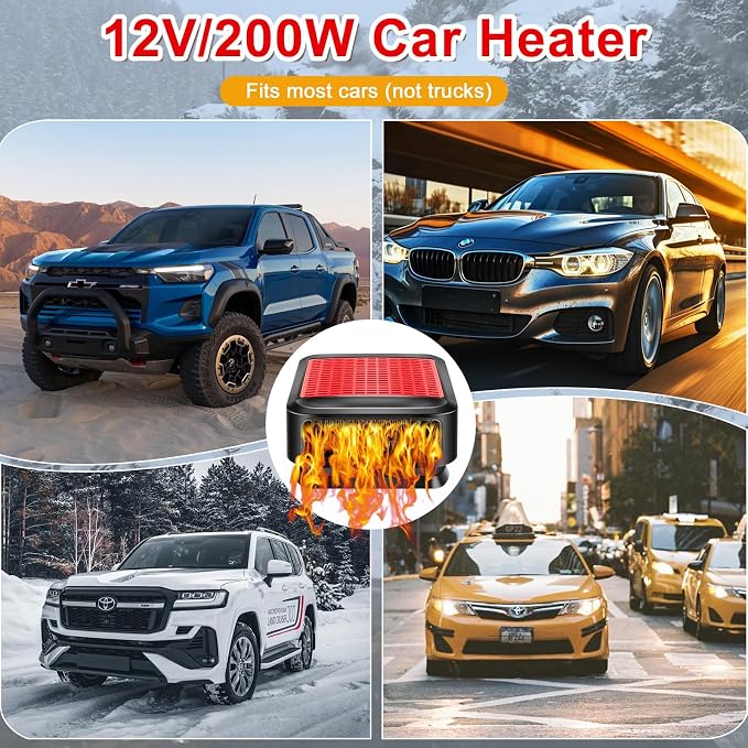 12V 200W Car Heater - 360° Rotatable 2-in-1 Heating & Cooling Fan, Windshield Demister Defroster, Plug-in Cigarette Lighter, Universal Fit for All Vehicles