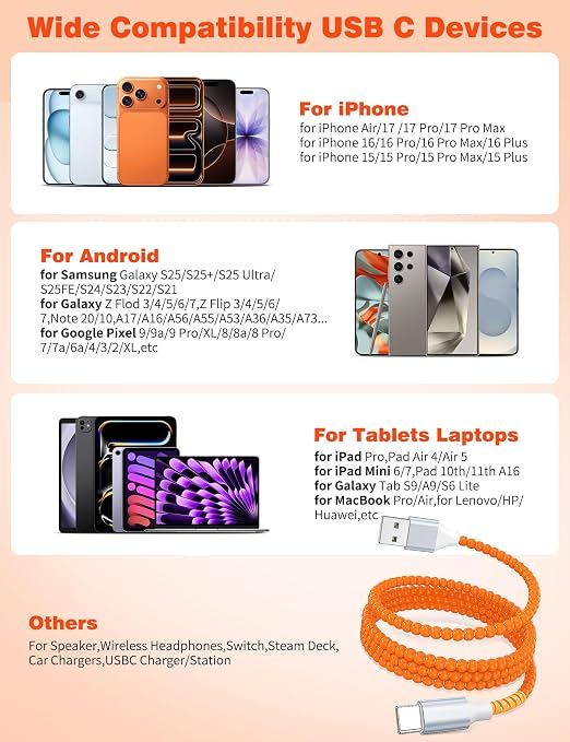USB A to USB C Cable 1FT,Beaded Phone Charger Cord for iPhone 17 16 Pro Max 16e 15 Car Play,Type C Cute Car Charger Charging Cord for iPad 10 11/Samsung S26 S25 Ultra/Pixel/Android Girls Women,Orange