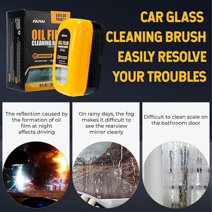 Oil Film Cleaning Brush for Car Windows, Upgraded Clear Vision Car Glass Cleaner with Anti-Rain Coating for Auto Windows and Windshields Improving Clarity, 4fl oz / 120 mL