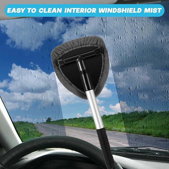 10 Pcs Windshield Cleaner Tool Car Window Cleaning Supplies with Extendable Handle Include 6 Washable Microfiber Bonnets 2 Empty 60ml Spray Bottle Glass Wiper Kit (Gray)