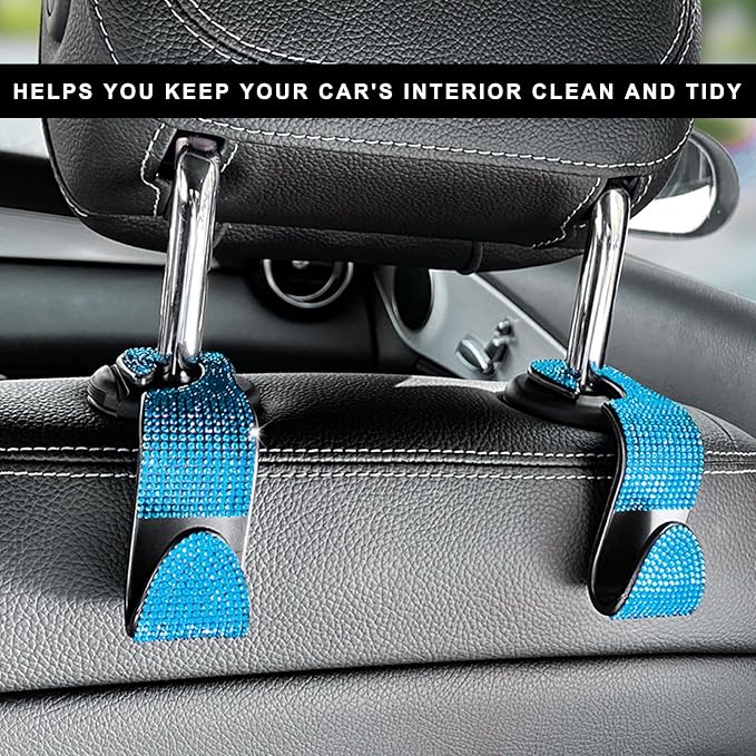 4 PCS Car Seat Headrest Hooks, Bling Crystal Rhinestone Back Seat Hanger Storage Organizer, Sparkly Seatback Holder Hooks for Purse and Bags Universal For Most Vehicles (Lake Blue)