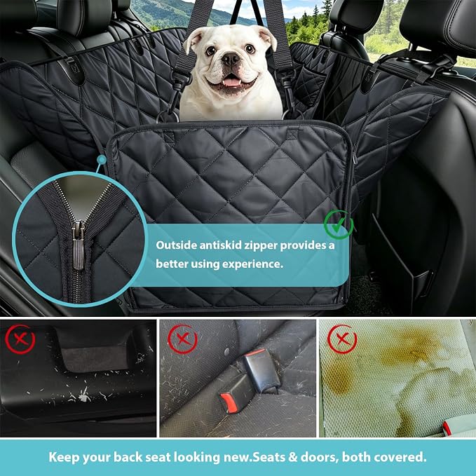 Dog Car Seat Cover for Back Seat | Mesh Window & Safety Belt | 100% Waterproof Dog Hammock for Safe Travel with Side Door Protectors | Non-Slip, Scratchproof Pet Rear Seat Cover for Car, SUV,Truck