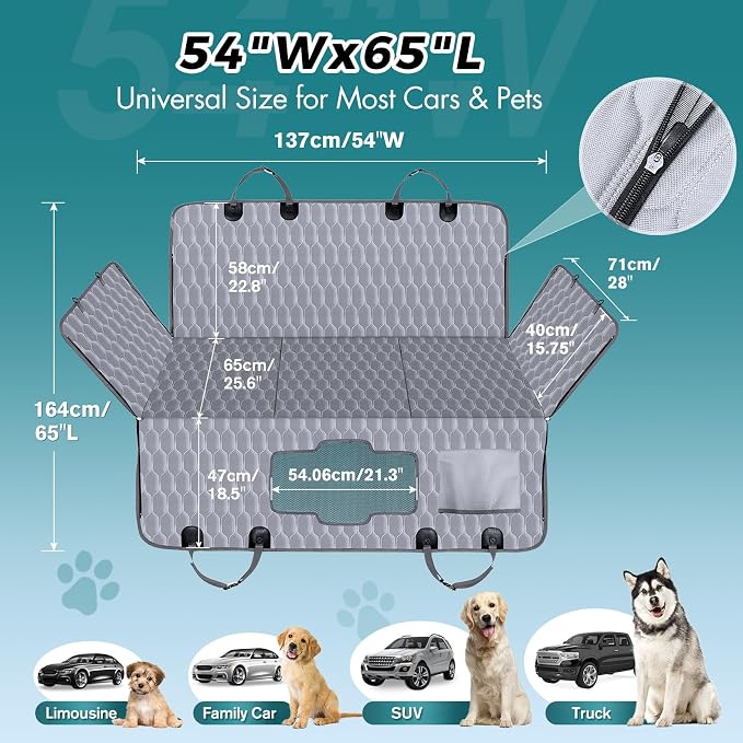 Back Seat Extender for Dogs-Supports 400lb,Waterproof Dog Car Seat Cover Hard Bottom-Detachable,600D Heavy Duty Scratch Proof Nonslip Soft,Dog Hammock for Car,SUVs-Grey