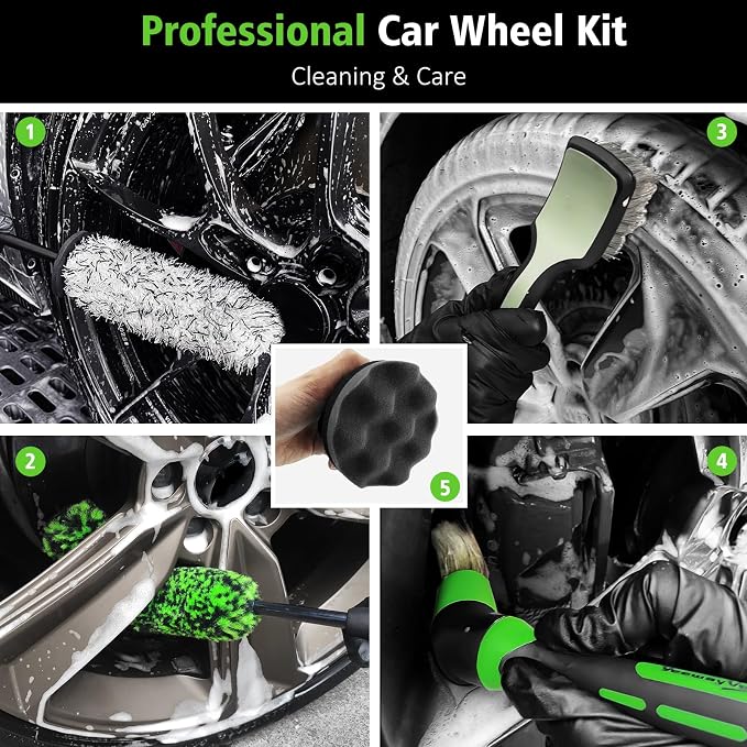 5PCS Pro Wheel Detailing Kit | 360° Bendable Rim Cleaner Brush, Premium Boar Hair Brush & Tire Shine Applicator | Microfiber Scratch-Free Wheel and Tire Brush Set for Cleaning Wheels,Tires