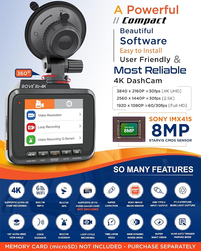 R2-4K Dash Cam, 4K UHD 2160P Car Camera with 8MP CMOS Sensor, Built-in WiFi 6 and GPS, Dash Camera For Cars with 2.4" Screen, Super Night Vision, 150" Wide Angle, Parking Mode, Supports 512GB Max