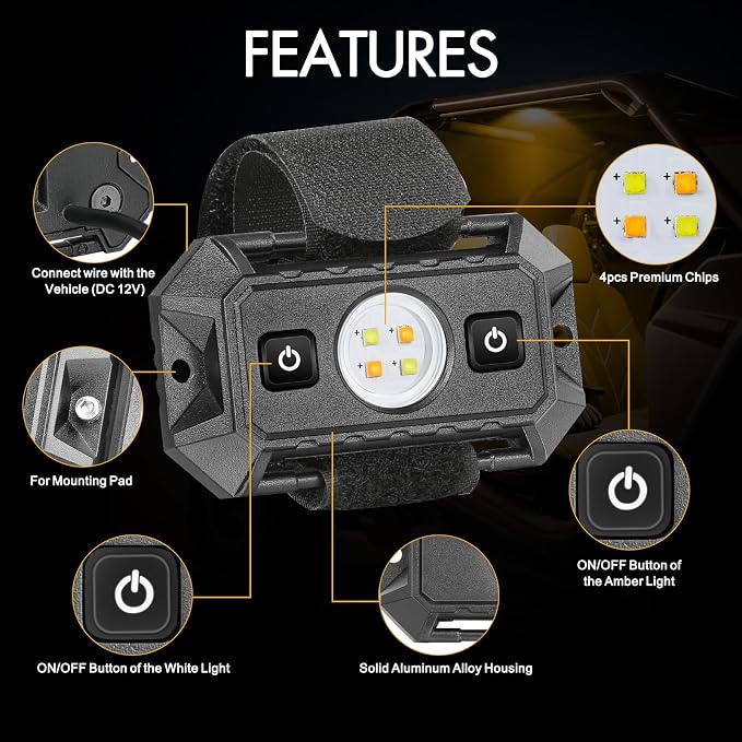 UTV Dome Light 12V Wired, Interior Dome Light with Switch Waterproof Universal LED Roll Bar Mount Roll Cage Lights Cab Map Lights for UTV Polaris RZR Ranger SXS - White/Amber