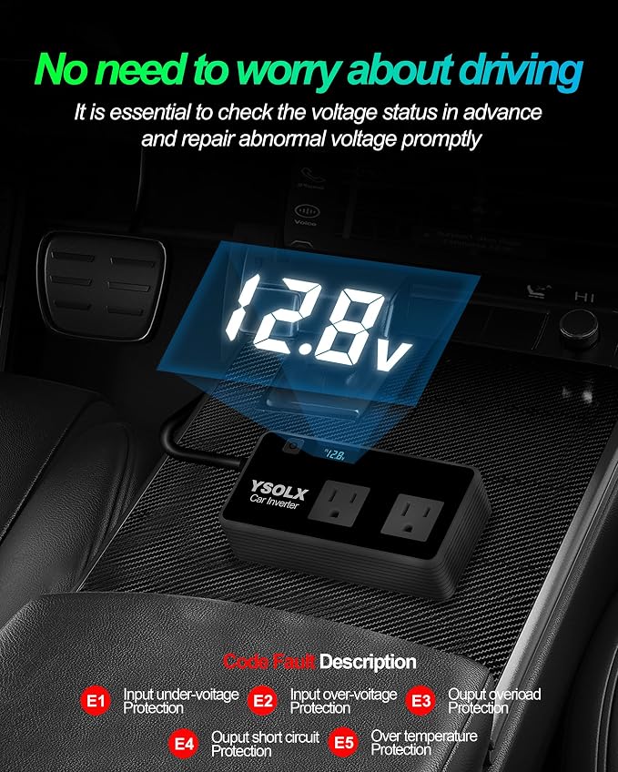 300W Car Inverter Power Outlet Dual AC Car Plug Adapter Outlet | For camping & road trips, 24W USB C/A charge for devices, LED shows real-time voltage & battery status