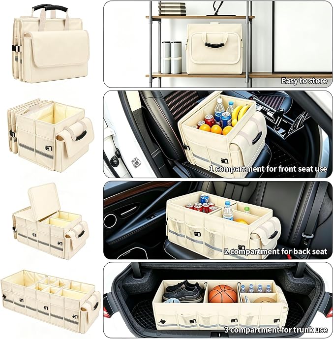 Car Trunk Organizer and Storage with Lid & Removable Cooler Bag, Car Accessories 6 Removable Dividers for Custom Space, Collapsible Trunk Organizers Interior for SUV & Sedan, Large