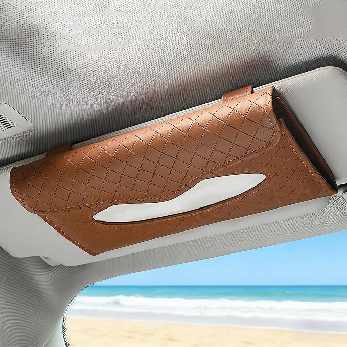 Car Tissue Holder, Car Napkin Holder, PU Leather Auto Visor Tissue Box, Auto Interior Accessories Sun Visor Paper Towel Cover Case Backseat Napkin Organizer for Sedan Truck SUV (Brown)