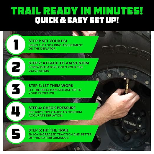 Rhino USA Adjustable Tire Deflators with Gauge (0-60psi) Calibrated & Automatic Tire Air Down Tool - Large 2" Easy Read Glow Dial & Solid Brass Hardware - Best Offroad Deflator for Jeep, Truck or ATV