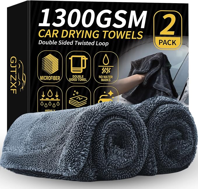 2-Pack Double-Twist Pile Microfiber Towels for Cars 1300 GSM Car Drying Towels (23.62" x 15.75") Ultra Absorbent Microfiber Towel, Streak-Free & Scratch-Free Car Cleaning Supplies with Edgeless Design