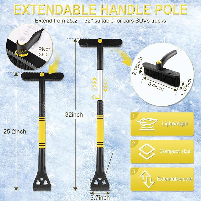 32" Snow Brush and Ice Scrapers for Car Windshield, Extendable Car Snow Accessories with Foam Grip, Brush Supports 360 Degree Rotation, Car Winter Removal Tool for Cars, Trucks, SUVs