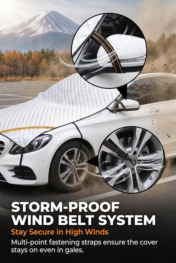 Half Car Cover, Windshield Cover for Ice and Snow, Hail Protector Car Covers, Aluminum Foil Heat Block Sunshade Hood Covers, Universal for Most Cars, SUVs, Trucks (Silver)