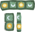 Handmade Crochet Green Moon and Sun Car Steering Wheel Covers Universal 14-15 inch for Women and Men (Steer Wheel Cover+ 2 Belt Cover+2 Coaster)