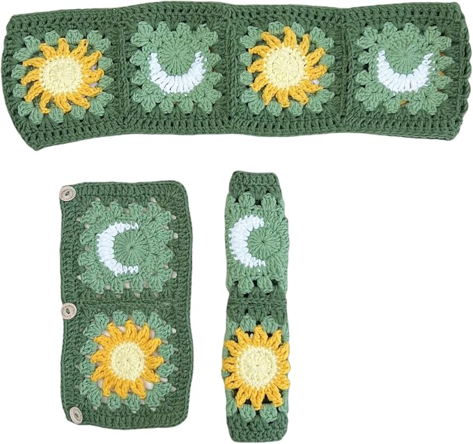 Handmade Crochet Green Moon and Sun Car Steering Wheel Covers Universal 14-15 inch for Women and Men (Steer Wheel Cover+ 2 Belt Cover+2 Coaster)