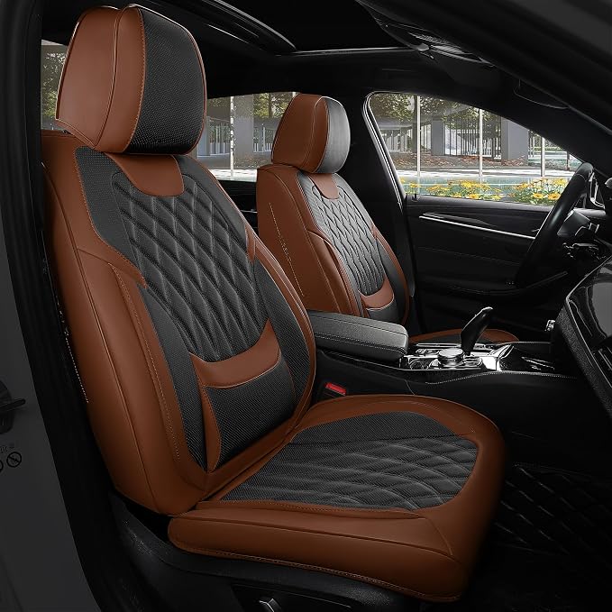Black Brown Car Seat Covers Full Set - Faux Nappa Leather Seat Covers for Cars, Breathable Waterproof Front Seats Protector with Lumbar Support, Universal Fit for Automotive Sedan SUVs Pickups