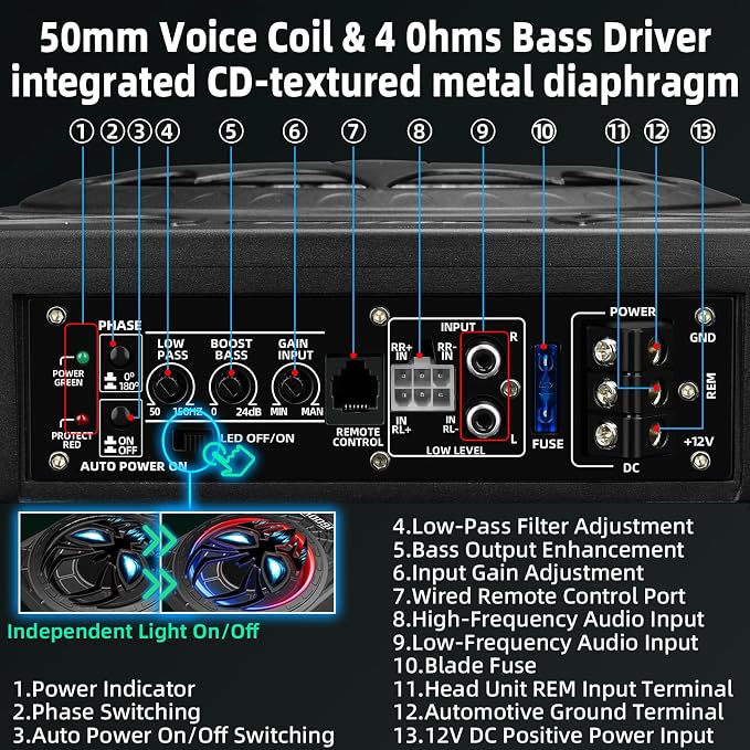 1600W Slim Underseat subwoofers 10" Powered Sub with Amp Package | RGB Ambient Lights, Individual Controls (LPF/Gain/Bass Boost), Distortion-Free Deep Bass, Universal Fit for All Vehicle Models