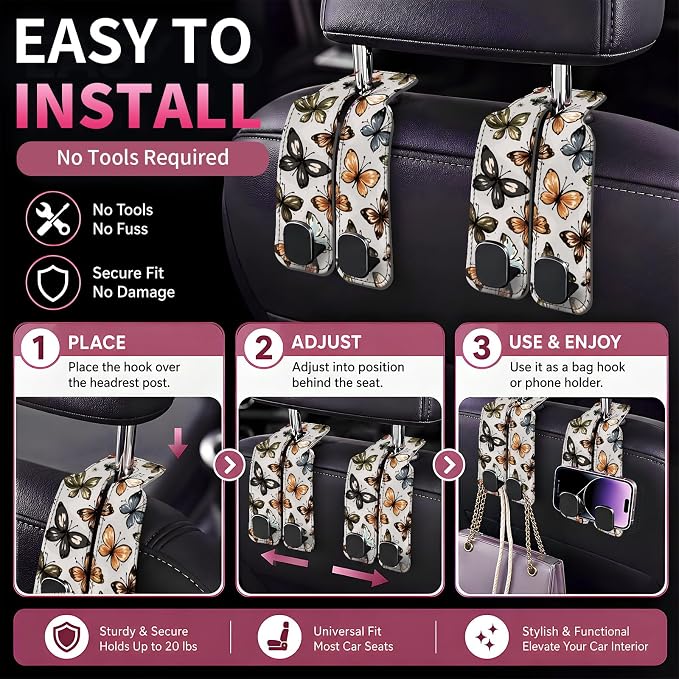 Car Seat Back Storage Hook, Funny Car Purse Hook, Cute Vehicle Storage Organizer for Purses Handbags Colorful Butterfly Pattern