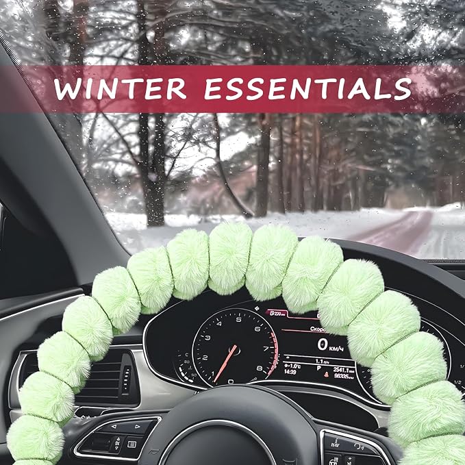 Sun Walker Fluffy Car Steering Wheel Cover, Soft Plush Anti-Slip Steering Wheel Protector for Warm Winter, Fuzzy Comfortable Wheel Cover Auto Interior Accessories for Women Girl (Green)