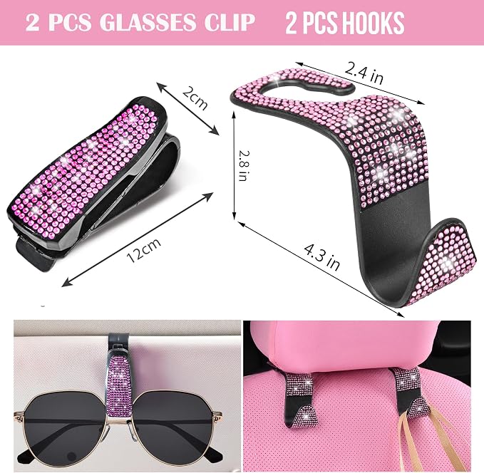 11 PCS Bling Car Accessories Set for Women, Sparkly Rhinestone Diamond Steering Wheel Cover, Bling Seat Belt Cushion, Shift Knob Cover, Push Start Button Ring, Car Cup Holder Coaster, Pink
