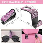 11 PCS Bling Car Accessories Set for Women, Sparkly Rhinestone Diamond Steering Wheel Cover, Bling Seat Belt Cushion, Shift Knob Cover, Push Start Button Ring, Car Cup Holder Coaster, Pink