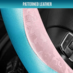 Steering Wheel Cover, Pink Patterned & Blue Leather Patchwork Design, Universal Fit 14.5"–15.5", Anti-Slip, Odor-Free, Soft PU Grain Leather, Durable Grip Car Accessory for Girls & Women
