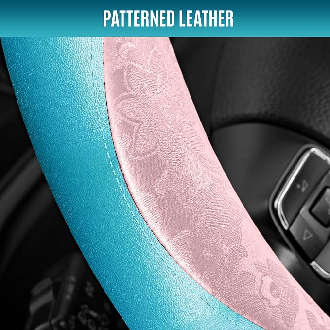 Steering Wheel Cover, Pink Patterned & Blue Leather Patchwork Design, Universal Fit 14.5"–15.5", Anti-Slip, Odor-Free, Soft PU Grain Leather, Durable Grip Car Accessory for Girls & Women