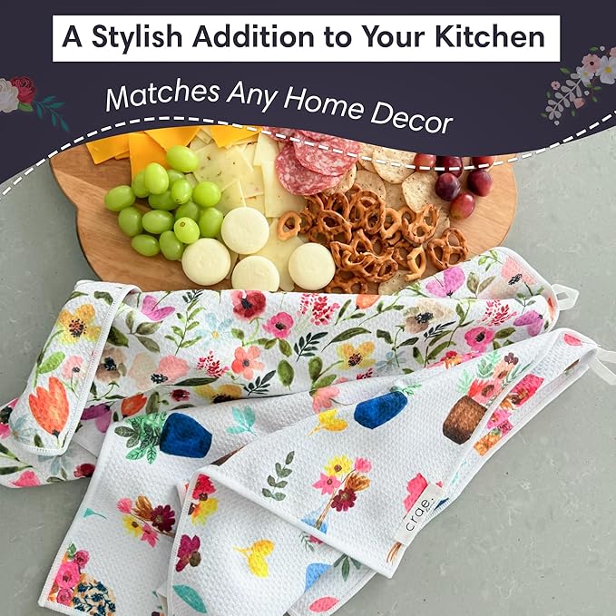 crae. Double Sided Microfiber Hand Towels, 17x27 Inches Waffle Design Kitchen Towels Set, Durable & Soft Fast Drying Hand Wash Cloth, Everyday Use Dishcloth at Home (Petal Lane/Posey)