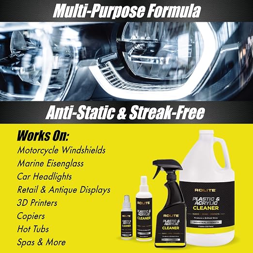 Rolite - RPAC8z2PK Plastic and Acrylic Cleaner Spray - High Shine Protectant and Polish For Nonporous Surfaces, Streak-Free Formula, For Windshields,Headlights, Retail Displays,8 fl. OZ. Bottle,2 Pack