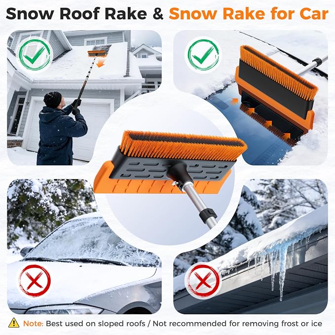 16" Large Snow Brush for Car Windshield,Non-Scratch Snow Scraper,55" Extendable Snow Broom with Foam Grip,Snow Remover for Cars, Truck, SUV (Orange, 16 inch)