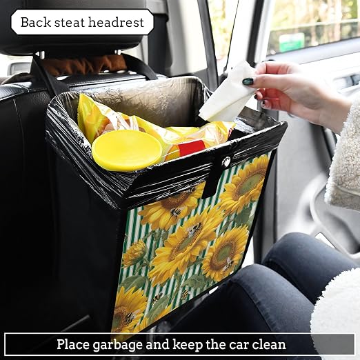 Car Trash Can Organizer Bin with Adjustable Strap for Back Front Seat Console Waterproof Leakproof Collapsible Portable 8.66 Inch Green Striped Sunflowers and Honey Bees
