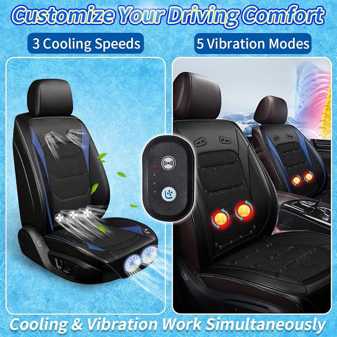 Instant Cooling Car Seat Cover Front Seat with Vibration | Ventilated Car Seat Cushion, Anti Sweat Cooling Pad, 5 Quiet Turbo Fans, For Cars SUV Truck, Hot Summer Driving